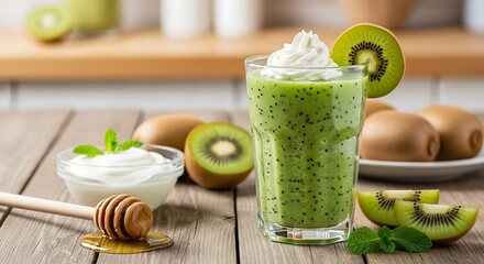 Refreshing kiwi smoothie with honey and yogurt for healthy breakfast