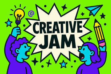 Creative Jam banner flat vector illustration bold oversized text inside comic burst cartoon characters shouting with light bulbs and pencils bright solid colors in neon green vivid purple.
