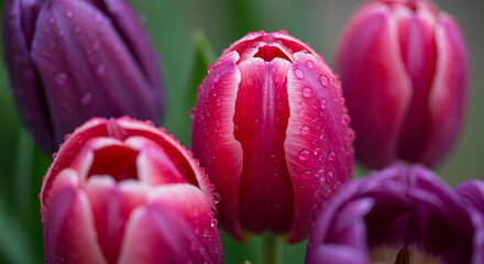 Fototapeta premium Vibrant bouquet of colorful pink and purple tulips glistening with delicate water droplets after a spring rain