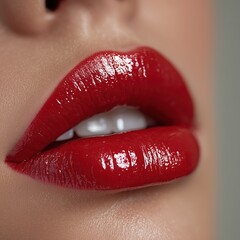 Obraz premium Glossy red lips close-up of a young caucasian female