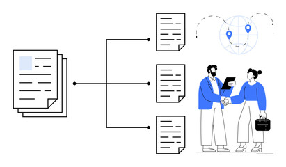 Multiple documents linked with lines to convey workflow, two professionals shaking hands with a tablet, and a global map with location markers. Ideal for teamwork, collaboration, project management