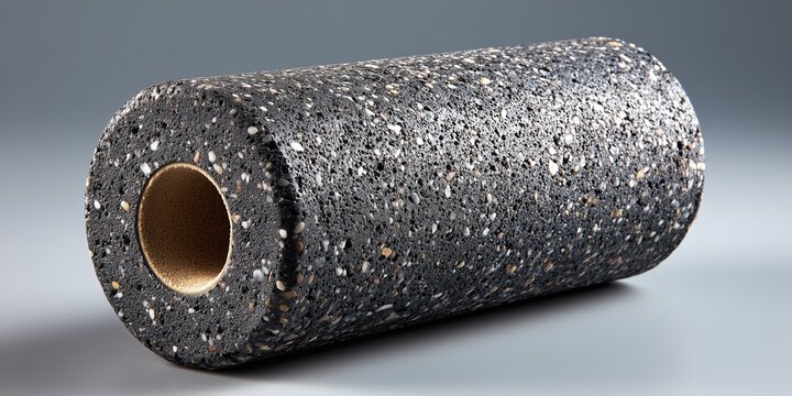 Textured black foam roller with pebble design on light gray background