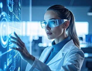 Female Scientist Interacting with Futuristic Interface