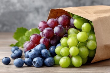 A close-up shot of fresh red and green grapes, along with blueberries, spilling from a brown paper bag onto a rustic wooden table.