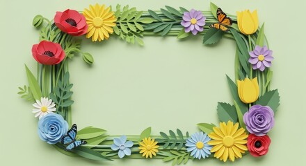 Floral Embrace: A vibrant and intricate floral arrangement, meticulously crafted with delicate paper, forming a captivating rectangular frame, set against a soft and inviting backdrop. 