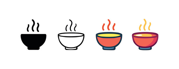 Vector icon soup hot bowl same pose same proportions four styles black solid glyph outline minimal flat multicolor filled cartoon flat shaded.