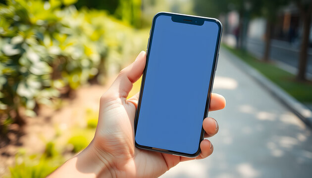 A person's hand holding a modern smartphone with a blank blue screen in a sunny outdoor park.