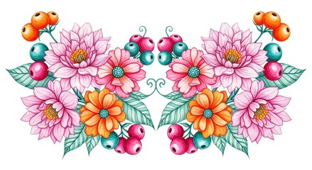 Floral Delight: An artful display of vibrant blossoms, showcasing a symmetrical arrangement of colorful flowers, each petal meticulously crafted, a celebration of nature's beauty.