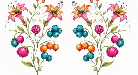 Vibrant Floral Ornament: A colorful array of whimsical flower and berry blossoms in a painterly style, perfect for decorative purposes and conveying nature's beauty.