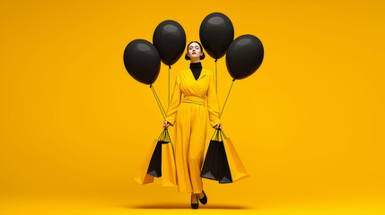 The Shopping spree: A woman, radiant in a sunlit ensemble, strides confidently against a vibrant yellow backdrop, balancing chic bags and an assortment of matte black balloons. 