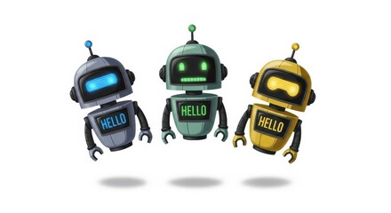 Robotic Trio: Three vibrant, friendly robots, each with a distinct design and animated display, float invitingly in a modern, tech-inspired scene, broadcasting a warm greeting.