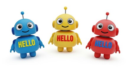 Robots and Greetings: Cheerful, colorful robots, each with a unique hue, display a welcoming hello, inviting interaction and friendship through their vibrant design.