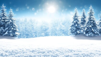 Serene Winter Landscape with Snowy Fir Trees and Sparkling Bokeh under a Pale Blue Sky.