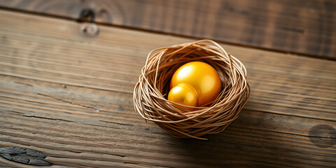 Close-up of golden nest egg on a wooden background evoking investment opportunities