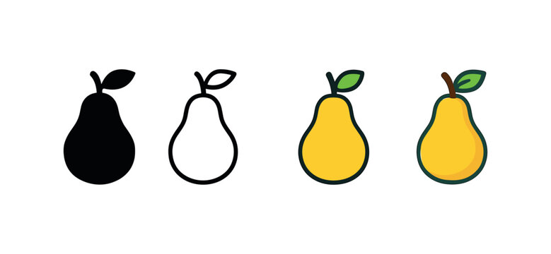 Vector icon pear fruit same pose same proportions four styles black solid glyph outline minimal flat multicolor filled cartoon flat shaded.