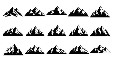 Mountain Silhouette Icons: A set of intricately designed mountain silhouettes, each distinct in peak formation, stand as bold visual elements, perfect for conveying themes of adventure, strength.