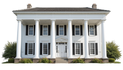 colonial-style house with white pillars, transparent background.