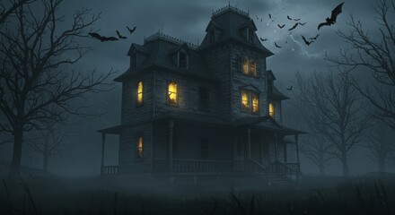 An eerie haunted house shrouded in mystery under a stormy night sky