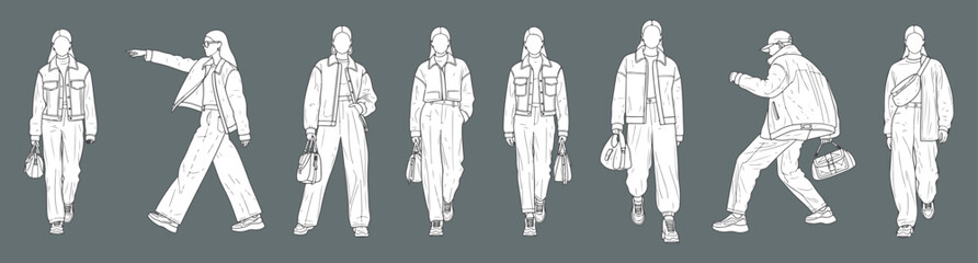 Architectural Drawings fashion models walking in various runway and streetwear poses vector illustration, front view, human person Minimal style hand drawn. Sections, Elevations, Floor Plans