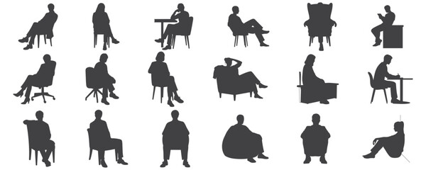 Architectural Drawings fashionable people sitting in different relaxed and formal poses silhouette vector illustration, front view, human person Minimal style hand drawn.