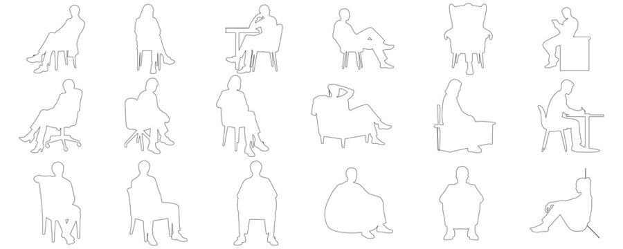 Architectural Drawings fashionable people sitting in different relaxed and formal poses outline vector illustration, front view, human person Minimal style hand drawn. 