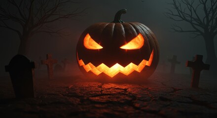 Spooky Halloween Pumpkin in Graveyard Scene with Bare Trees and Tombstones creating a Mysterious Atmosphere