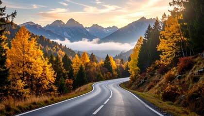 Scenic Curving Mountain Road with Autumn Foliage and Misty Alpine Peaks