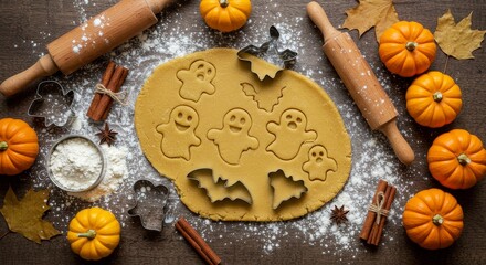 Festive Halloween baking scene featuring cookie dough, pumpkins, and baking tools
