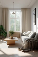 Scandinavian Minimalist Living Room with Light Oak Flooring and Gray Sofa
