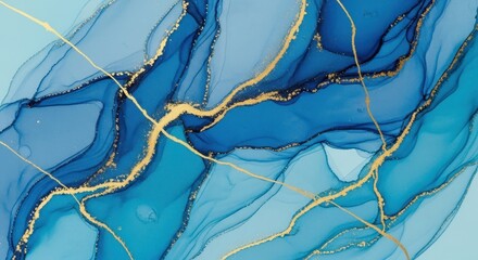 Fluid Abstract Artwork with Golden Veins: a visually stunning display of a mesmerizing composition, showcasing flowing shades of blue intertwine with intricate golden veins.