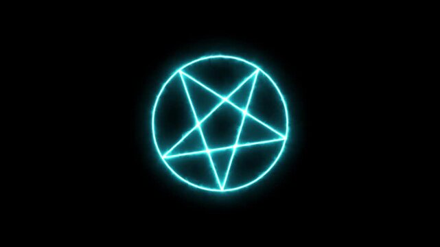 Mystical bright neon fire effect pentacle or inverted pentagram in circle on black background. Five pointed star.