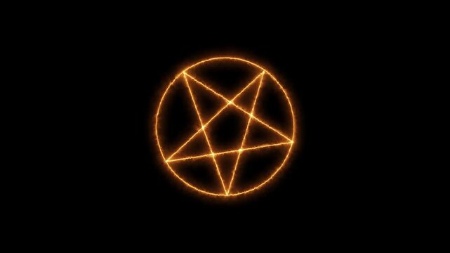 Mystical bright neon fire effect pentacle or inverted pentagram in circle. Five pointed star.