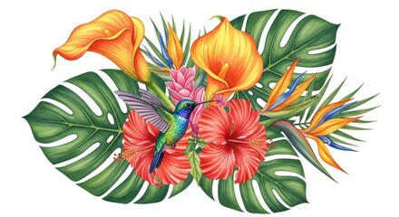 Tropical floral arrangement: A vibrant, meticulously crafted illustration showcasing an array of tropical flowers. Including, colorful, vibrant flowers and leaves.
