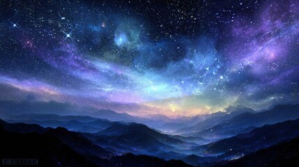 Starry Night Sky Over Misty Mountains
