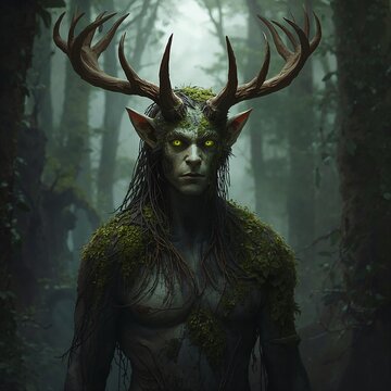 Portrait of Slavic Forest Spirit Leshy with Antlers and Moss-Covered Body in Enchanted Woods