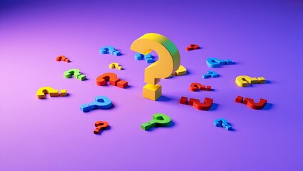 A large yellow question mark surrounded by many small colorful question marks on a vibrant purple background