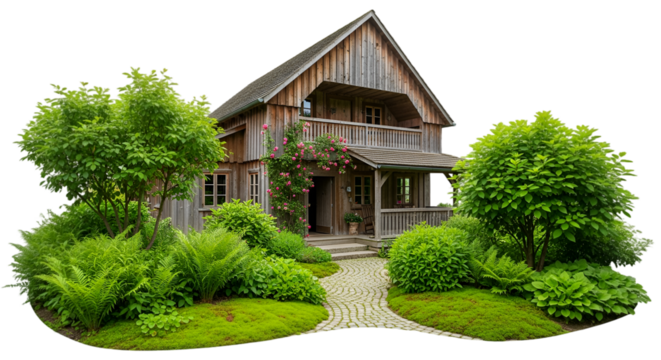 farmhouse surrounded by green fields, PNG isolated background.