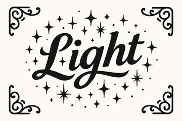 Light bold vintage calligraphy luminous rustic curves surrounded by festive sparkles centered with corner ornaments clean white background vector look high contrast.