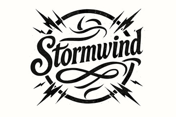 Fototapeta premium Stormwind bold vintage calligraphy rustic dramatic tone surrounded by lightning swirls circular frame composition clean white background vector look high contrast.
