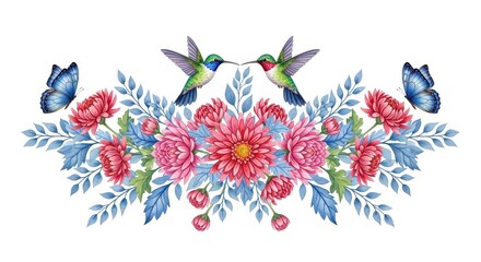 Blooming Flutter: Delicate watercolor artwork presents a vibrant floral arrangement, where graceful hummingbirds engage amidst blossoming flowers and fluttering butterflies.