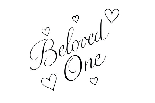 Beloved One thin line calligraphy delicate luminous strokes surrounded by hearts diagonal decorative composition clean white background vector look high contrast.