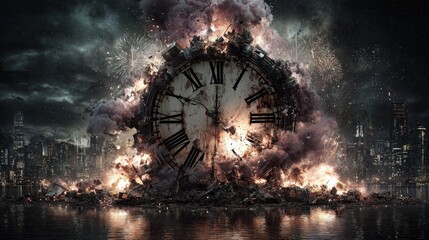Exploding Clock Over Night Cityscape