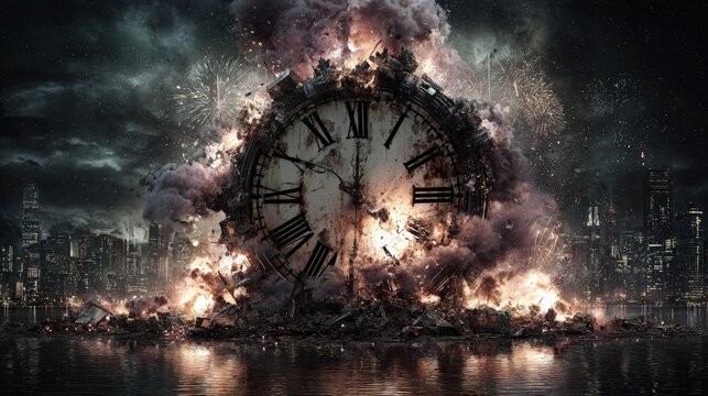 Exploding Clock Over Night Cityscape