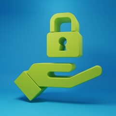 Green Lock in hand icon isolated on blue background. Padlock sign. Security, safety, protection, privacy concept. Minimalism concept. 3D render illustration