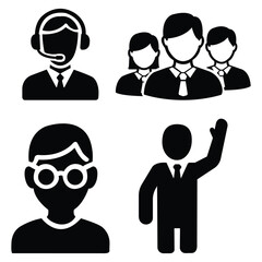 A set of four black silhouette icons representing different professional roles, including a customer service agent, a team, a user with glasses, and a person waving, on a clean white background.