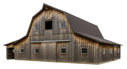 wooden cabin house in green valley, transparent background.