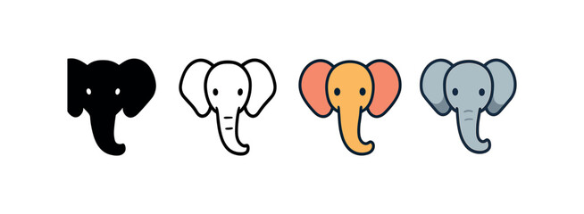 Vector icon elephant head same pose same proportions four styles black solid glyph outline minimal flat multicolor filled cartoon flat shaded.