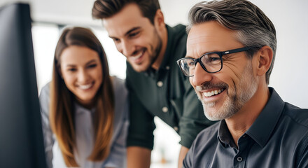 Happy diverse business team collaborating on project looking at computer screen modern office teamwork success technology innovation