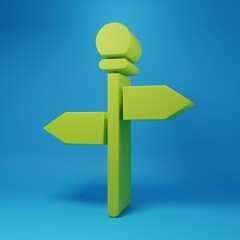 Green Road traffic sign. Signpost icon isolated on blue background. Pointer symbol. Street information sign. Direction sign. Minimalism concept. 3D render illustration