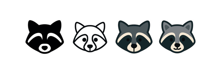Vector icon raccoon face same pose same proportions four styles black solid glyph outline minimal flat multicolor filled cartoon flat shaded.